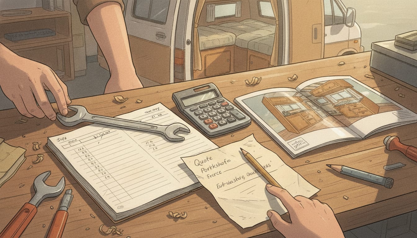 Établi de garage avec un carnet de comptes ouvert, une calculatrice, un devis d'atelier et une brochure de fourgon aménagé posés côte à côte, une clé plate et un crayon dessus