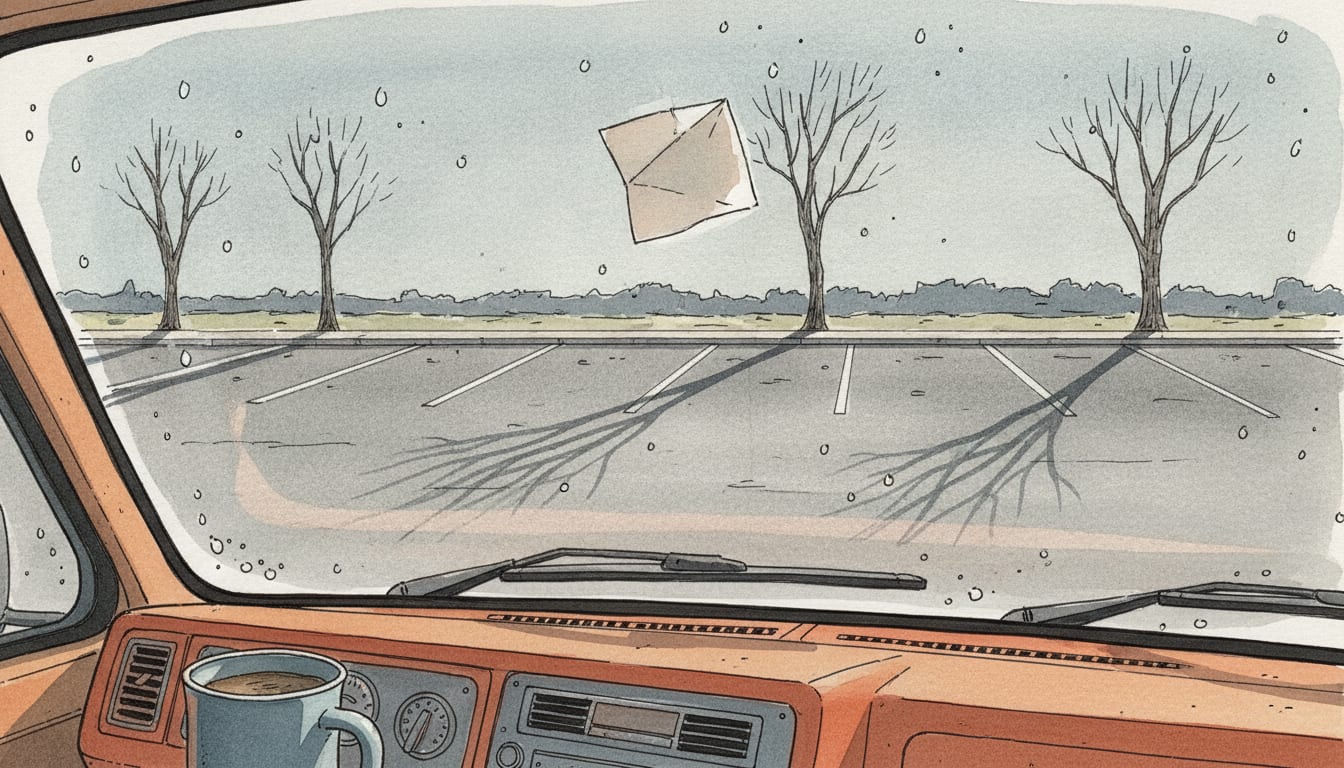 Vue depuis l'intérieur d'un fourgon au petit matin, un papier plié coincé sur le pare-brise couvert de gouttes, un mug posé sur le tableau de bord et un parking désert aux places marquées derrière