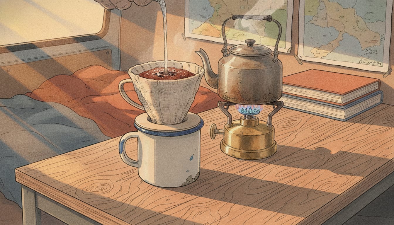 Filtre à café en tissu posé sur une tasse émaillée, eau versée sur la mouture, bouilloire sur un réchaud à gaz au bord d'une table en contreplaqué, lumière rasante du matin dans un van