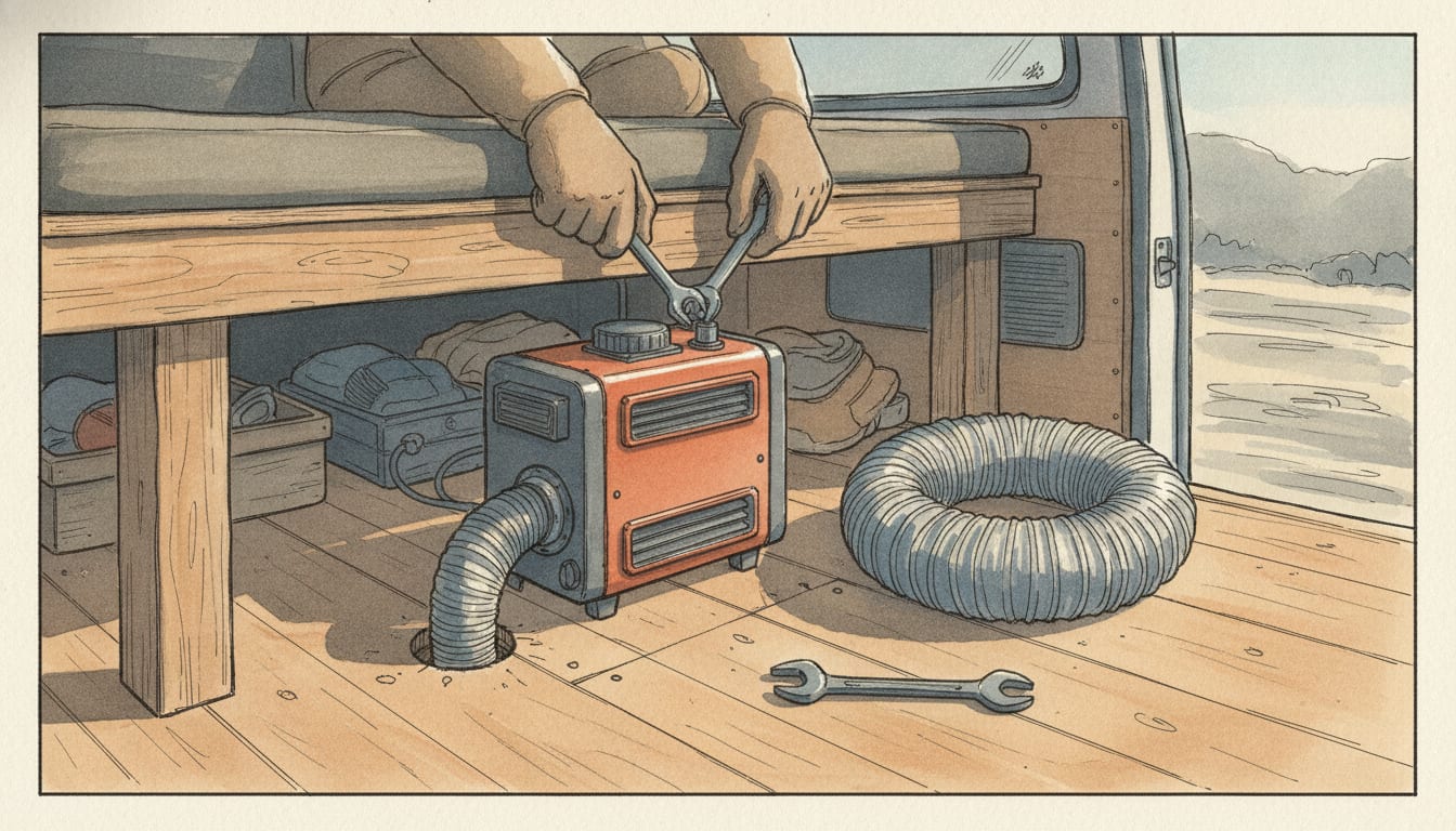 Deux mains serrant à la clé plate un chauffage à air gasoil calé sous une banquette de van, son tuyau d'évacuation annelé plongeant dans un trou percé du plancher, gaine d'air chaud enroulée et clé posée sur les lattes à côté