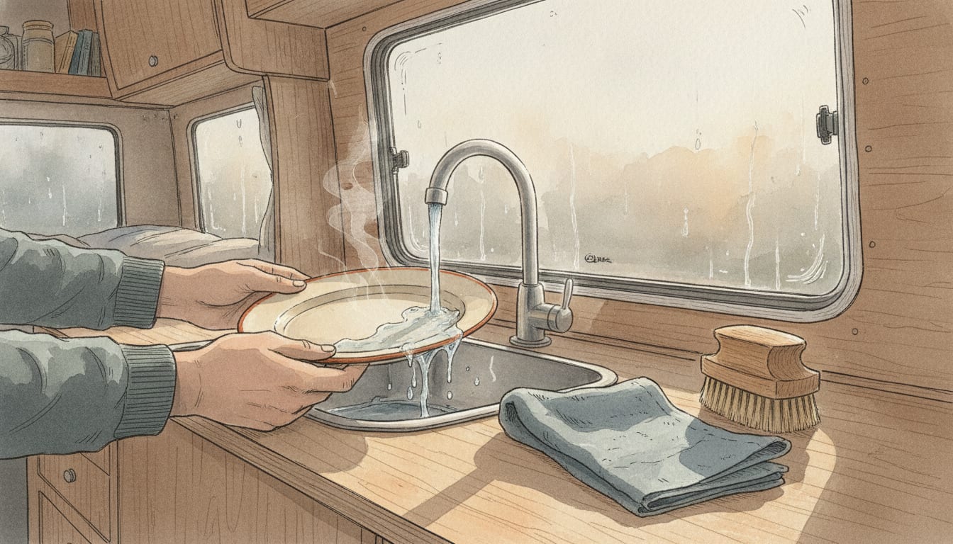 Mains qui rincent une assiette émaillée sous le robinet d'un petit évier de van, filet de vapeur au-dessus de l'eau, torchon plié et brosse à vaisselle sur le plan de travail en bois, buée et gouttes sur la vitre derrière