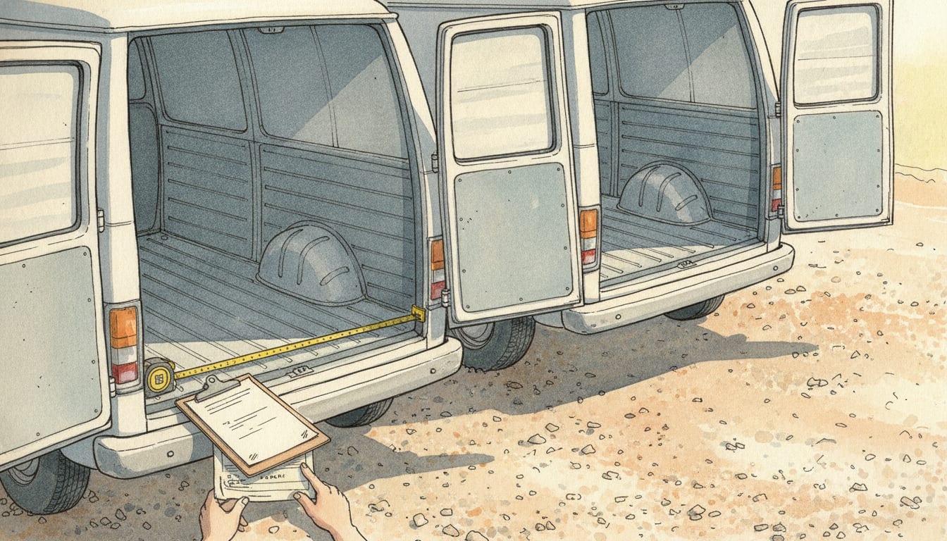 Deux fourgons d'occasion portes arrière ouvertes sur des caisses en tôle vides, un mètre ruban tendu au sol entre les passages de roue et des mains tenant une planchette avec les papiers du véhicule