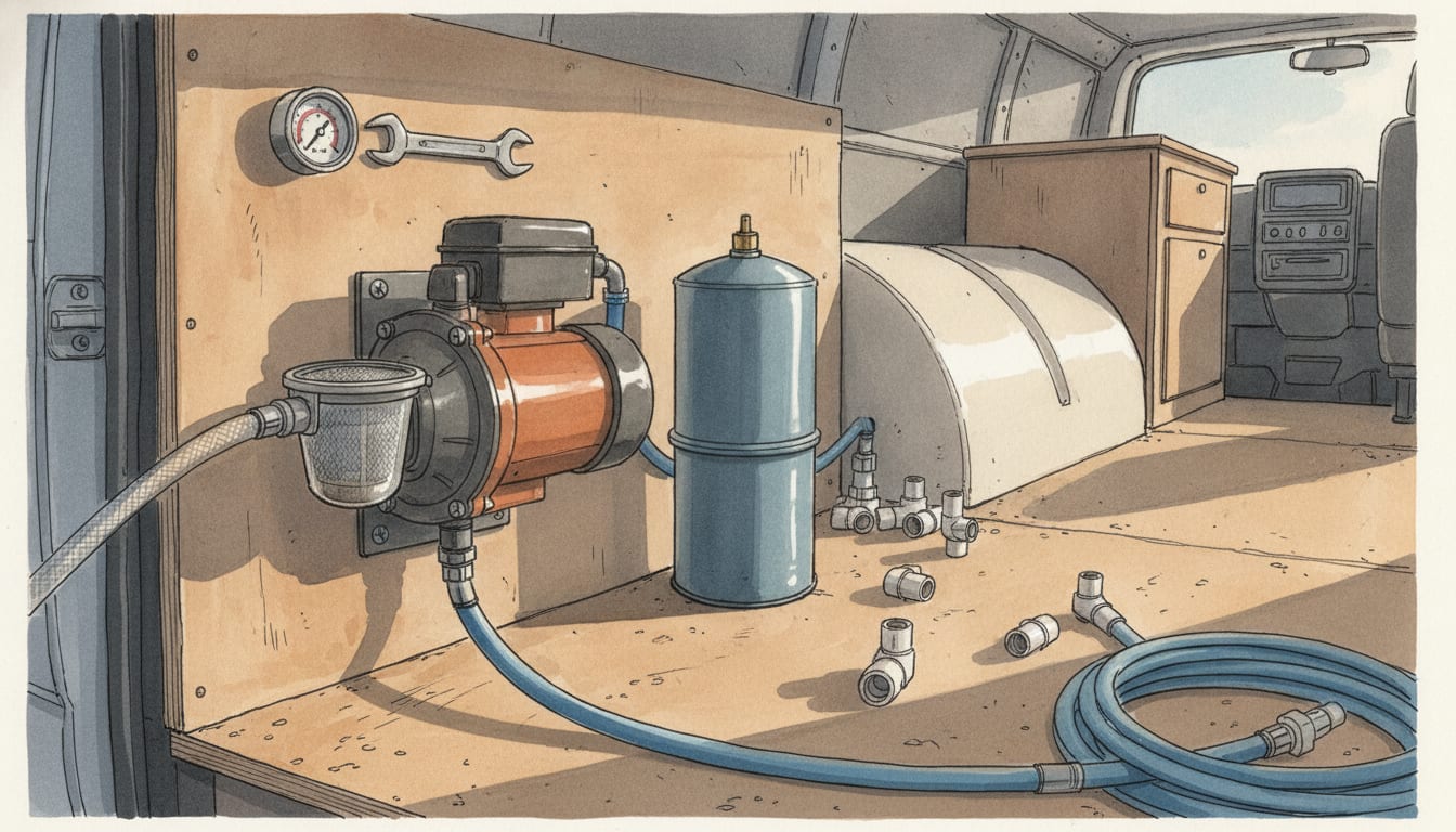 Pompe à membrane 12 volts vissée sur un panneau de contreplaqué dans un fourgon, filtre à tamis transparent sur son aspiration et vase d'expansion à côté, coudes à raccords rapides et couronne de tuyau semi-rigide bleu au sol, réservoir d'eau en polyéthylène à l'arrière-plan