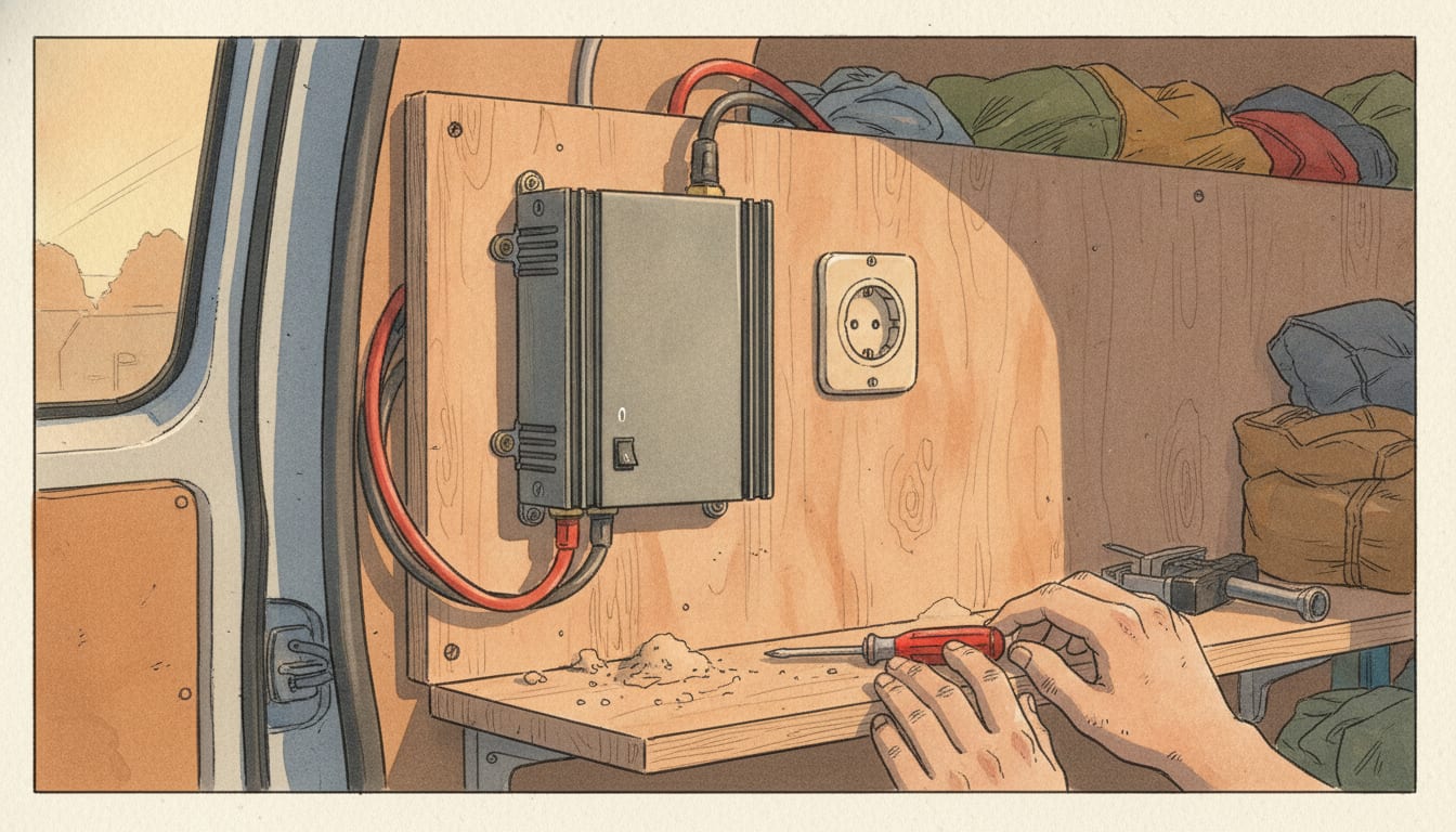 Convertisseur 12 V vers 230 V fixé sur une cloison en contreplaqué derrière un siège de fourgon, deux gros câbles rouge et noir vissés aux bornes, interrupteur éteint, une prise de courant vide juste à côté