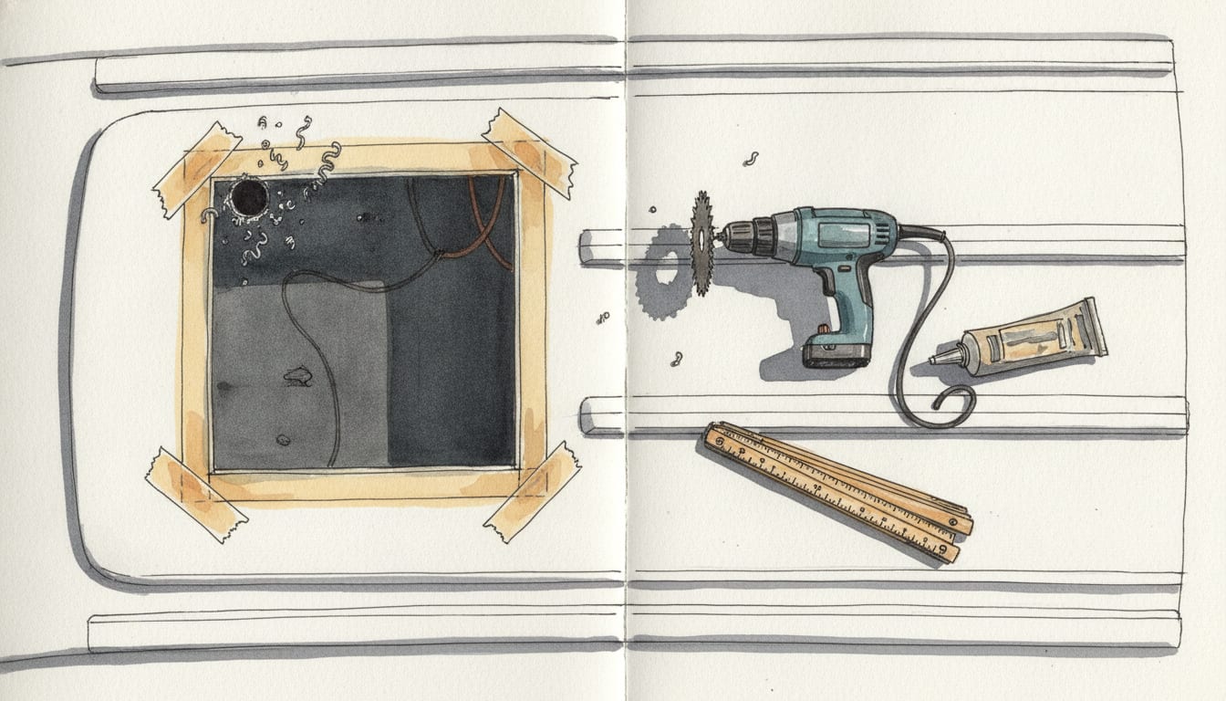 Ouverture carrée découpée dans le pavillon en tôle d'un fourgon, vue de dessus, bords tenus par du ruban de masquage, avec une perceuse équipée d'une scie cloche, un mètre pliant et une cartouche de mastic posés sur le toit