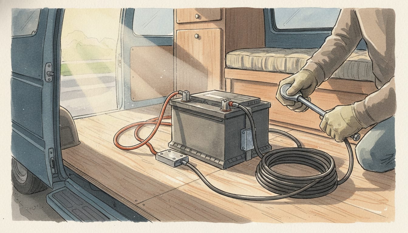 Batterie 12 V posée sur le plancher bois d'un fourgon, câble rouge et câble noir vissés aux bornes, petit shunt métallique au sol, mains gantées serrant une cosse à la clé plate, porte latérale ouverte sur la route