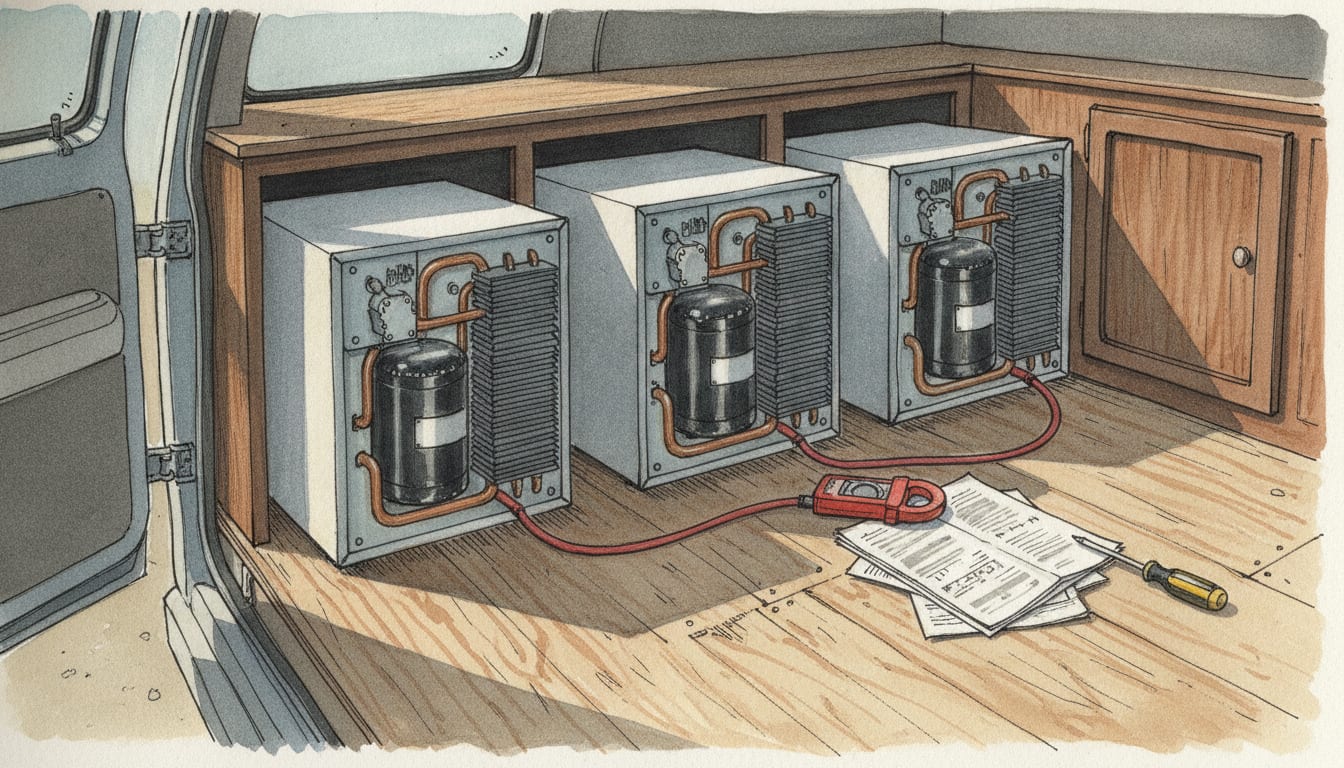 Trois réfrigérateurs à compression sortis de leur meuble et posés au sol dans un fourgon, groupes compresseurs et ailettes à nu, une pince ampèremétrique refermée sur un câble rouge de 12 V