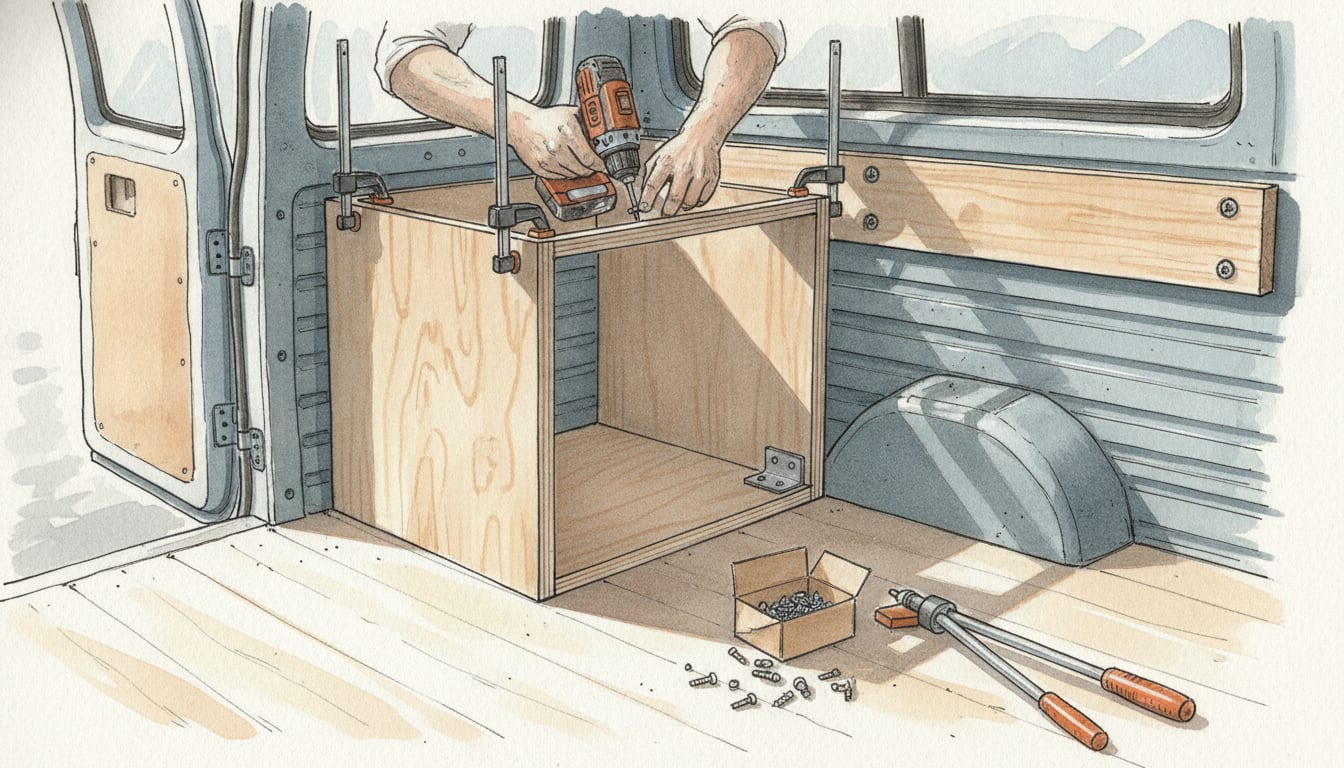 Caisson de contreplaqué bouleau en cours de montage dans un fourgon, une équerre métallique vissée dans l'angle, tasseau, serre-joint et boîte de vis posés sur le plancher