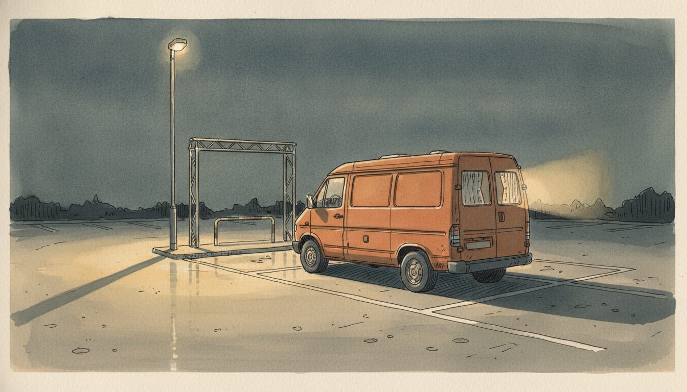 Fourgon aménagé garé seul de nuit sur un parking public désert, vu de trois quarts arrière, rideaux tirés aux vitres arrière, portique métallique limiteur de hauteur et lampadaire allumé sur l'asphalte mouillé rayé de marquages blancs