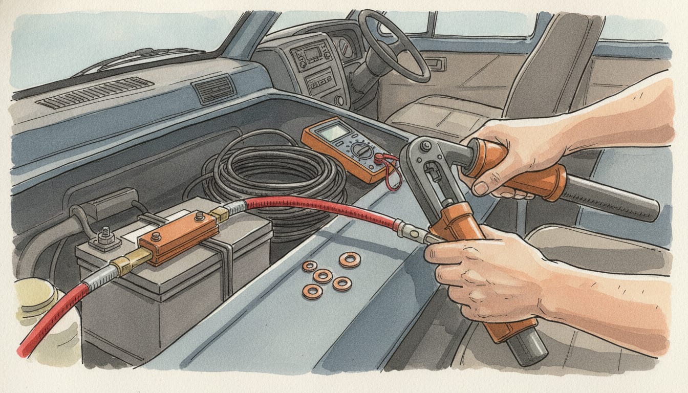 Câble rouge de forte section sortant d'un porte-fusible boulonné près d'une batterie de démarrage dans un compartiment moteur de fourgon, pince à sertir et cosses cuivre posées sur l'aile